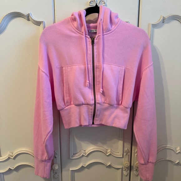 Zara Pink Cropped Zip Up Hoodie - Picture 1 of 3